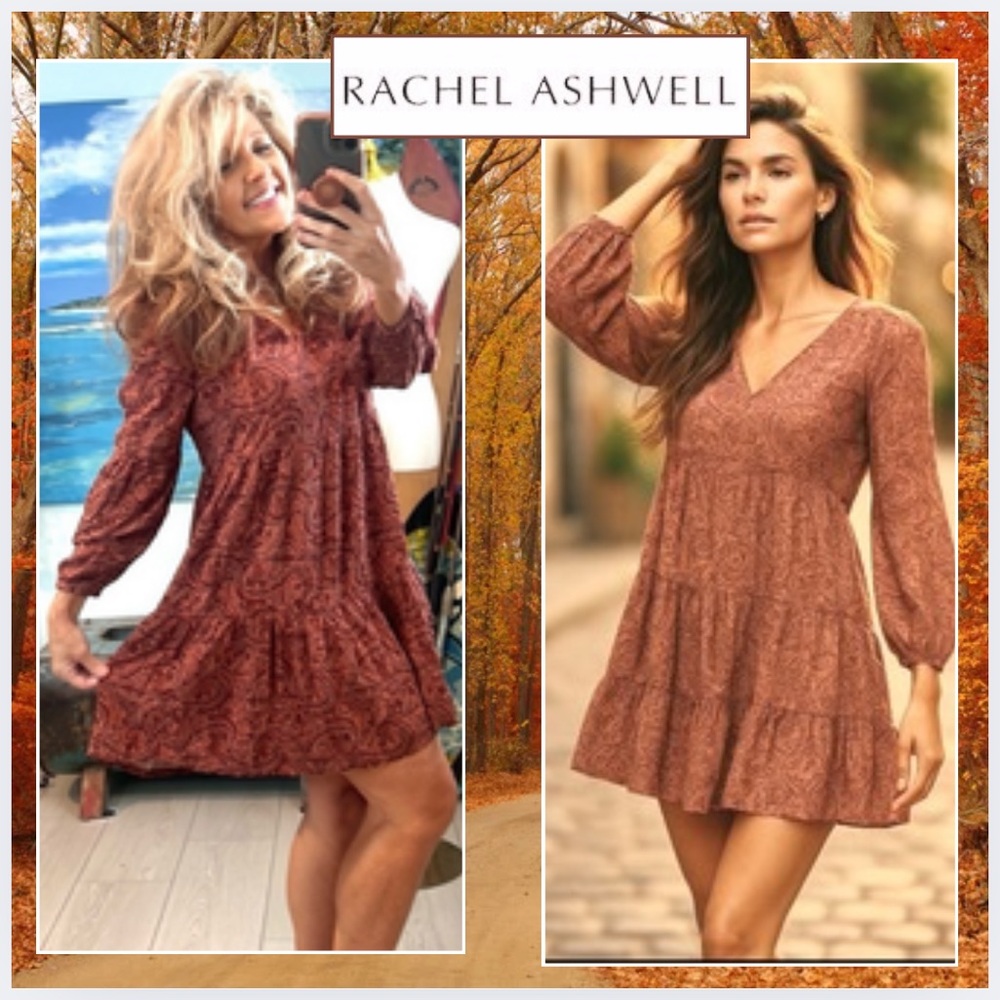 Rachel Ashwell Rust Paisley Tiered Boho Mini Dress EUC Long Sleeve Size S